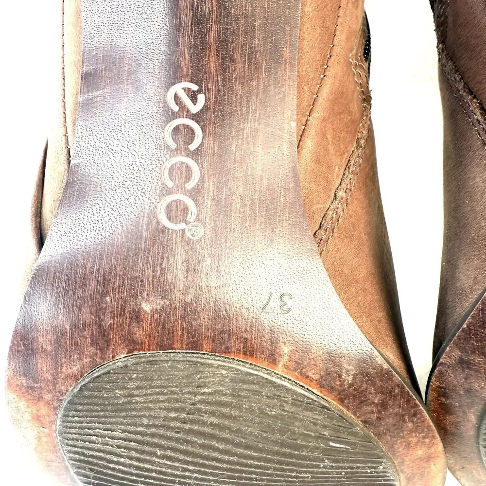 Ecco Jaffna Sepia Brown Leather Heeled Ankle Boots Side Zip - Women's 37/6.5